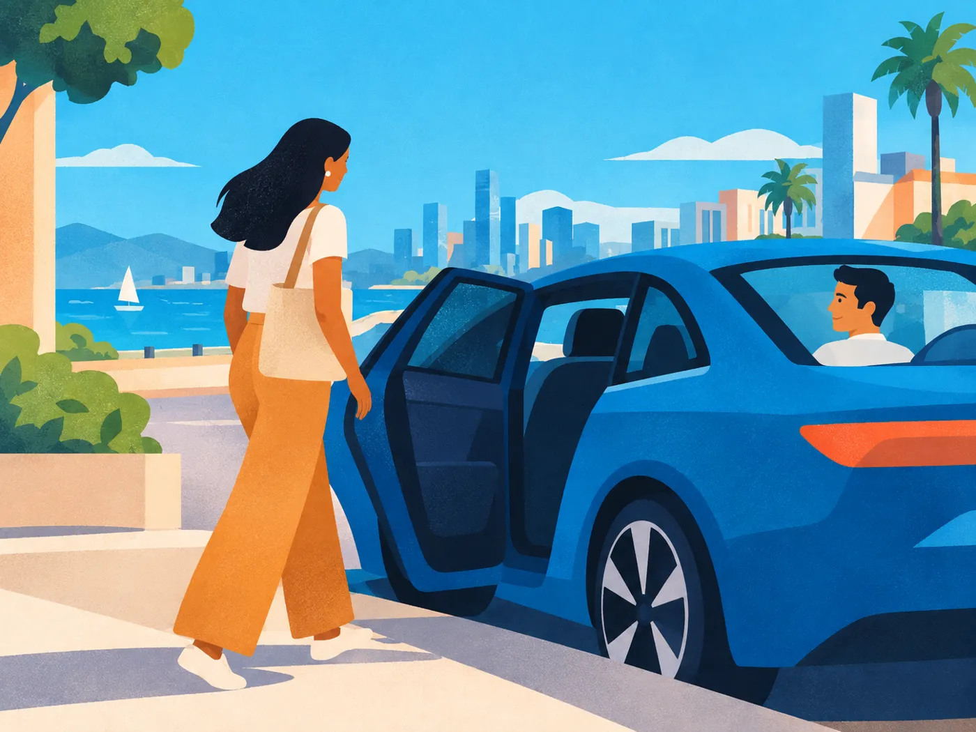 Une cliente monte dans une voiture Travioo avec son chauffeur